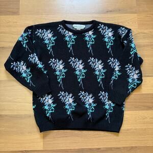 Women's Vintage 80's Kate Collins Black Floral Knit Pullover Crewneck Sweater S